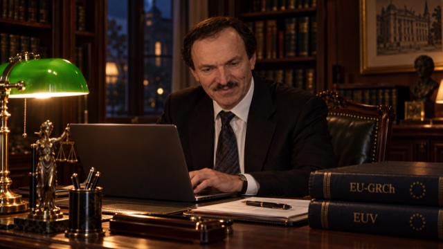 Dr. Hubert Iral am Schreibtisch mit Rechtsbüchern und grüner Schreibtischlampe