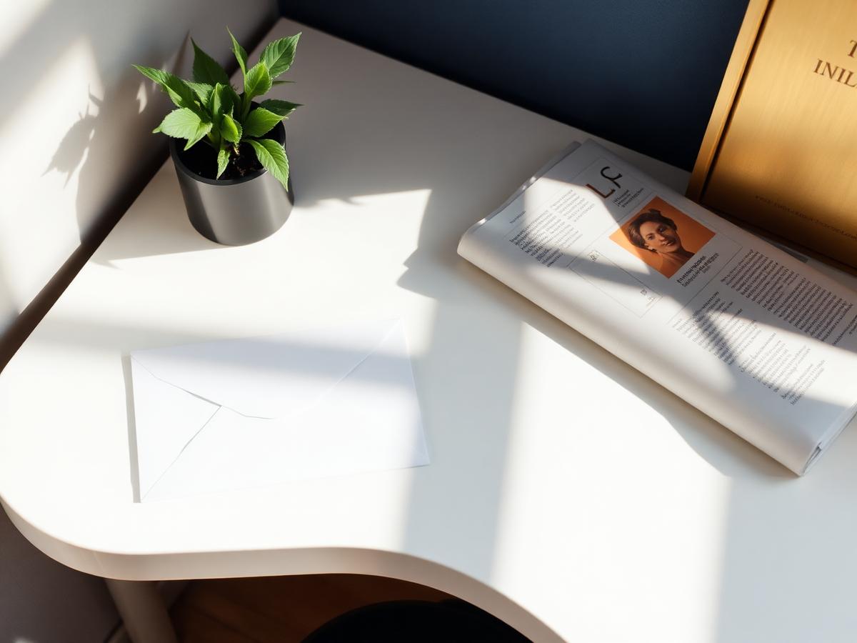 Briefumschlag und Zeitung auf einem hellen Schreibtisch
